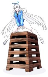 1girl absurdres alternate_costume bare_legs black_shirt blue_archive blue_jacket breasts closed_mouth commentary_request commission gym_uniform hair_between_eyes halo highres jacket jumping korean_commentary large_breasts lazy_ant legs long_bangs long_hair long_legs long_sleeves mechanical_halo noa_(blue_archive) pixiv_commission purple_eyes shirt shoes sidelocks simple_background smile solo spread_legs thick_thighs thighs v_arms vaulting_horse very_long_hair white_background white_hair white_shoes