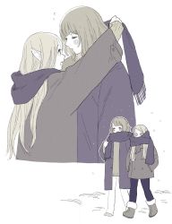 2girls adjusting_scarf ankle_boots arms_up blush bob_cut boots brown_hair closed_eyes coat covered_mouth dressing_another dungeon_meshi elf facing_another falin_touden falin_touden_(tallman) flat_color flying_sweatdrops frs2 fur-trimmed_boots fur_trim grey_coat grey_hair hand_up hands_in_pockets highres light_brown_hair long_hair long_sleeves looking_at_another looking_away marcille_donato multiple_girls multiple_views open_mouth pants pointy_ears profile purple_coat purple_pants purple_scarf scarf scarf_over_mouth short_hair side-by-side sleeves_past_wrists smile snow snowing sweater walking white_background white_pants winter winter_clothes