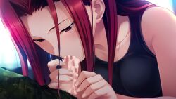 1boy 1girl agnes_garrett bare_shoulders black_tank_top blush breasts camouflage censored clothed_sex collarbone cum cum_in_mouth cum_on_body cum_on_penis cum_overflow cum_string curtained_hair erection fellatio fingernails fumio_(ura_fmo) furrowed_brow game_cg grisaia_(series) grisaia_no_rakuen half-closed_eyes handjob hands_up hetero kazami_yuuji kneeling large_breasts long_eyelashes long_hair long_sidelocks looking_at_penis looking_down mosaic_censoring narrowed_eyes non-web_source official_art oral out_of_frame own_hands_together parted_bangs penis penis_out red_eyes red_hair sidelocks solo_focus sparkling_eyes squinting tank_top thick_eyelashes variant_set very_long_hair
