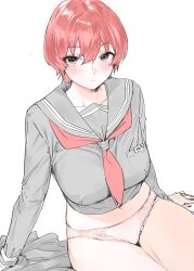 1girl black_sailor_collar black_serafuku black_skirt blush breasts closed_mouth commentary_request goshiki_suzu hair_between_eyes highres large_breasts long_sleeves looking_at_viewer neckerchief original panties pink_panties red_eyes red_hair red_neckerchief sailor_collar school_uniform serafuku short_hair simple_background sitting skirt solo underwear unworn_skirt white_background