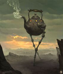 artist_logo cloud cloudy_sky commentary creature desert highres horizon logo mountainous_horizon no_humans original outdoors rock scenery science_fiction sky solo standing steam surreal teapot walking waltjan