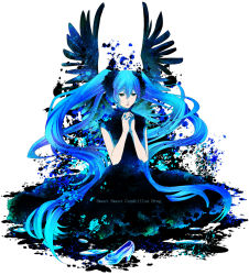 1girl angel_wings aqua_eyes aqua_hair bad_id bad_pixiv_id dress female_focus hatsune_miku highres long_hair setsu shoes solo twintails very_long_hair vocaloid white_background wings