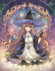 1girl atelier_(series) atelier_escha_&amp;_logy brown_eyes brown_hair bug butterfly dress female_focus hat insect jewelry kari_avalon long_hair looking_at_viewer necklace pentagram smile solo wilbell_voll-ersleid witch_hat