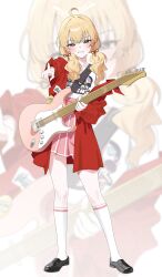 Rule 34 | 1girl, :d, absurdres, ahoge, black shoes, blonde hair, blue archive, blush, brown eyes, commentary, eliteneet, full body, grin, guitar, hair ribbon, halo, hand up, happy, highres, holding, holding guitar, holding instrument, index finger raised, instrument, jacket, kneehighs, loafers, long hair, looking at viewer, low twintails, official alternate costume, official alternate hairstyle, open clothes, open jacket, open mouth, pink pupils, pink skirt, pleated skirt, pointing, pointing at viewer, red jacket, red ribbon, ribbon, shirt, shoes, simple background, skirt, smile, socks, solo, standing, t-shirt, tsurime, twintails, white background, white shirt, white socks, yellow halo, yoshimi (band) (blue archive), yoshimi (blue archive), zoom layer