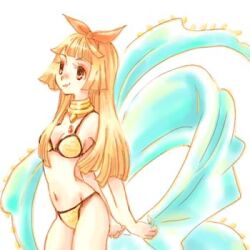 1girl bikini blonde_hair blunt_bangs bow breasts closed_mouth coin_(ornament) commentary_request cowboy_shot dancer_(ragnarok_online) hair_bow jewelry long_hair looking_afar lowres medium_breasts navel neck_ring orange_bow ragnarok_online shawl simple_background smile solo swimsuit tama1120 white_background yellow_bikini