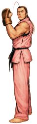 1boy ahoge bare_shoulders barefoot black_undershirt brown_hair capcom_vs_snk clenched_hand dougi fingerless_gloves from_side frown game_cg gloves hibiki_dan highres looking_to_the_side male_focus martial_arts_belt mma_gloves mori_toshiaki muscular muscular_male non-web_source official_art ponytail raised_fist simple_background sleeveless solo street_fighter torn_clothes torn_sleeves undershirt