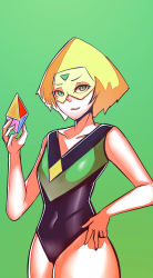 1girl :3 alternate_costume cartoon_network crystal female_focus forehead_jewel green_background green_eyes green_hair hand_on_own_hip highres jasper_(steven_universe) leotard looking_at_viewer matching_hair/eyes peridot_(steven_universe) solo steven_universe visor zxc