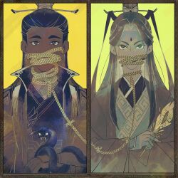 2boys border bound chinese_clothes commentary covered_mouth crossed_arms english_commentary feathers hair_pulled_back hanfu holding holding_feather limited_palette long_hair long_sleeves looking_at_viewer male_focus multiple_boys renzha_fanpai_zijiu_xitong rope sebychu shen_jiu_(renzha_fanpai_zijiu_xitong) snake snake_wrapped_around_arm thick_eyebrows tied_up_(nonsexual) upper_body wide_sleeves xiao_guan_(headdress) yellow_background yue_qingyuan