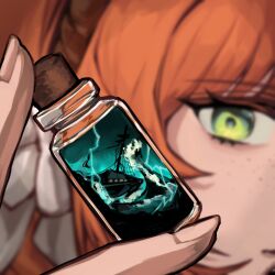 Rule 34 | 1girl, blurry, blurry background, bow, cork, depth of field, freckles, green eyes, hair bow, headband, highres, ishmael (project moon), lightning, limbus company, looking at object, mini bottle, orange hair, portrait, project moon, ship, ship in a bottle, silhouette, solo, storm, til 0816, water, watercraft