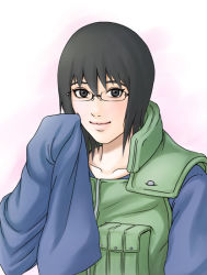 Rule 34 | 1girl, black eyes, black hair, female focus, flak jacket, glasses, gradient background, jacket, looking at viewer, naruto, naruto (series), shizune (naruto), short hair, smile, solo, tk (tk&#039;s level4), upper body