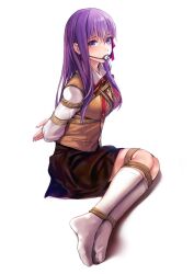 Rule 34 | 1girl, applekun, arms behind back, ball gag, bdsm, black skirt, bondage, bound, bound ankles, bound arms, bound legs, bound torso, breast bondage, breasts, brown vest, cross, cross print, fate/stay night, fate (series), gag, gagged, hair ribbon, heaven&#039;s feel, highres, homurabara academy school uniform, kneehighs, long hair, looking at viewer, matou sakura, medium breasts, print ribbon, purple eyes, purple hair, red ribbon, ribbon, rope, school uniform, shibari, shibari over clothes, skirt, socks, solo, vest, white socks, wiffle gag