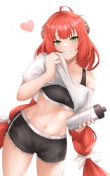 1girl absurdres ahoge black_shorts bow cowboy_shot crop_top green_eyes grin hair_bow heart highres holding long_hair looking_at_viewer midriff navel popcornflakes red_hair short_shorts short_sleeves shorts simple_background single_bare_shoulder single_off_shoulder smile solo sports_bra standing stomach thighs ukinami_yuzuha very_long_hair white_background white_bow zenless_zone_zero