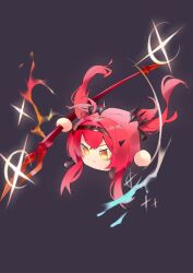 absurdres closed_mouth commentary_request cube earrings hair_ornament hairband highres holding holding_polearm holding_weapon jewelry long_hair lupa_(wuthering_waves) metal_hairband no_humans objectification polearm purple_background red_hair shigureszku smile twintails v-shaped_eyebrows weapon wuthering_waves yellow_eyes