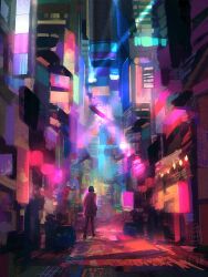 1other black_hair bob_cut building city display dkaism entrance from_behind full_body jacket neon_lights night original painterly pink_jacket road skyscraper spotlight street walking wall_lamp