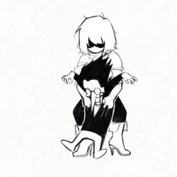1boy 1other animated animated_gif armor boots crazy_eyes deltarune flailing full_body gloves grabbing_from_behind greyscale kris_(deltarune) minominoks monochrome pants partially_shaded_face pointy_nose shirt short_hair spamton_g._spamton teeth