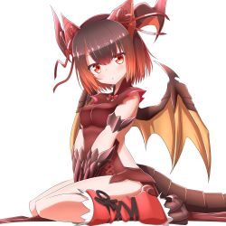 Rule 34 | 1girl, :o, alternate color, alternate eye color, alternate hair color, armlet, bare legs, between legs, black hair, blunt bangs, bow, bowtie, breasts, brown hair, claws, dragon girl, dragon horns, dragon tail, dragon wings, female focus, full body, gradient hair, hair ribbon, hand between legs, head tilt, highres, horn ornament, horn ribbon, horns, jewelry, leg warmers, lilium0235, looking at viewer, medium breasts, multicolored hair, myr (p&amp;d), parted lips, puzzle &amp; dragons, red bow, red bowtie, red eyes, red hair, red ribbon, ribbon, scales, simple background, sitting, sleeveless, solo, tail, thighs, v arms, wariza, white background, wings