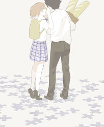 Rule 34 | 1boy, 1girl, backpack, bag, baguette, black hair, blueman, bread, brown hair, couple, food, from behind, highres, ishida shouya, kneehighs, koe no katachi, nishimiya shouko, plaid clothes, plaid skirt, ponytail, school uniform, short hair, skirt, socks, tiptoes, whispering, whispering in ear, white socks, yellow bag