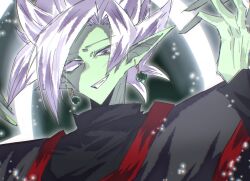 1boy black_bodysuit bodysuit colored_skin dragon_ball dragon_ball_super earrings fused_zamasu green_skin grey_eyes grin halo jewelry long_sleeves looking_at_viewer looking_down pointy_ears potara_earrings smile solo spiked_hair v621 white_hair