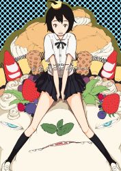 1girl black_hair brown_eyes cenco cencoroll food highres karakusa_senbei legs open_mouth pleated_skirt school_uniform shoes short_hair skirt wr_(karakusa_senbei) yuki_(cencoroll)