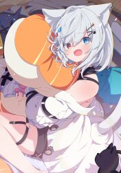1girl absurdres animal_ear_fluff animal_ears bare_shoulders black_cat black_shorts blue_eyes cat cat_ears cat_girl cat_tail commission ear_piercing fang fangs fish_hair_ornament grey_hair hair_ornament hairclip heterochromia highres hugging_object jacket long_sleeves looking_at_viewer off_shoulder open_mouth original piercing pillow pillow_hug red_eyes shiro9jira short_hair short_shorts shorts sitting skeb_commission skin_fang sleeves_past_wrists smile solo stuffed_animal stuffed_cat stuffed_toy tail thigh_strap wariza white_hair white_jacket