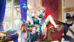 1girl absurdres ascot bare_shoulders black_thighhighs blue_ascot blue_dress blue_eyes blue_hair blunt_ends board_game book breasts bug butterfly cerydra_(honkai:_star_rail) chess chess_piece chessboard chirippu commentary couch crown curtains detached_sleeves dress dress_flower flower full_body gold_trim gradient_hair hair_intakes hair_ornament high_heels highres holding holding_chess_piece holding_scepter honkai:_star_rail honkai_(series) indoors insect knee_up knight_(chess) light_particles long_sleeves looking_ahead lying medium_breasts mini_crown multicolored_hair on_couch parted_lips pawn_(chess) picture_frame queen_(chess) reclining rook_(chess) round_table scepter single_thighhigh solo table tassel thighhighs white_hair wide_sleeves window