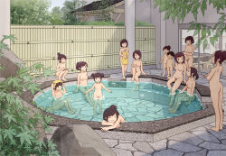 1boy 6+girls bathing breasts brown_hair commentary completely_nude day female_pubic_hair harem kiyo_(kyokyo1220) loli multiple_girls nipples nude onsen original outdoors partially_submerged penis ponytail pool pubic_hair shared_bathing short_hair short_ponytail short_twintails shota twintails