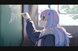 1girl ahoge black_neckerchief blue_archive chalk chalkboard closed_mouth from_side grey_serafuku hair_between_eyes hair_ornament highres holding holding_chalk long_hair long_sleeves mano_eglu multicolored_hair neckerchief pink_hair profile purple_eyes purple_hair reisa_(blue_archive) sailor_collar school_uniform serafuku solo star_(symbol) star_hair_ornament translation_request white_sailor_collar