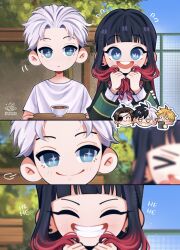 &gt;_&lt; 2025 3koma 5boys ahoge androgynous artist_name black_hair blonde_hair blue_eyes blunt_bangs blurry blush bow bowl bowtie brown_hair chibi chibi_inset close-up closed_eyes comic commentary day depth_of_field earrings english_commentary eyepatch food frown hair_between_eyes happy highres holding holding_plate jewelry laughing long_hair male_focus messy_hair multicolored_hair multiple_boys nirei_akihiko notice_lines outdoors panels parted_bangs plate playing_with_own_hair red_hair sakura_haruka_(wind_breaker) shirt shishilex short_hair short_sleeves smile sparkling_eyes straight-on straight_hair streaked_hair suo_hayato t-shirt tareme teeth trap tree tsubakino_tasuku two-tone_hair umemiya_hajime white_hair white_shirt wind_breaker_(nii_satoru)