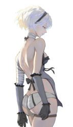 1girl 2b_(nier:automata) absurdres ass back backless_outfit bandaged_arm bandaged_neck bandages bare_shoulders black_bow black_gloves black_hairband blue_eyes bow breasts cosplay facing_to_the_side from_side gloves hairband highres kaine_(nier) kaine_(nier)_(cosplay) looking_down looking_to_the_side micro_shorts nier:automata nier_(series) short_hair shorts simple_background small_breasts solo thigh_strap white_background white_hair zxys09