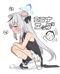 Rule 34 | 1girl, adversarial noise, animal ears, black dress, black ribbon, black socks, blue archive, blue halo, blush, character name, china dress, chinese clothes, cleavage cutout, closed eyes, clothing cutout, dress, facing ahead, full body, grey hair, hair ribbon, halo, highres, kanabun, kokona (blue archive), long hair, ribbon, shoes, simple background, skirt, sleeveless, sleeveless dress, sneakers, socks, solo focus, sound effects, squatting, sweat, white background, white shoes, white skirt
