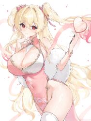 1girl absurdres armpit_crease bare_shoulders blonde_hair breasts cleavage closed_mouth commission covered_navel cowboy_shot demonia_(hiyono) dress feather_boa gold_trim gradient_hair gurami_(zangizarang) hair_ornament hand_fan hands_up highres holding holding_fan large_breasts long_hair looking_at_viewer multicolored_hair no_panties original pelvic_curtain pink_dress pink_hair red_eyes skindentation sleeveless sleeveless_dress smile solo thighhighs thighs two_side_up very_long_hair white_thighhighs
