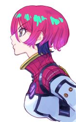 1girl amate_yuzuriha bodysuit commentary_request gundam gundam_gquuuuuux highres looking_to_the_side mecha_pilot_suit normal_suit_(gundam) profile red_hair short_hair signature simple_background solo upper_body white_background yonemura_kouichirou