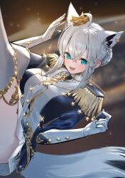 1girl :d ahoge animal_ear_fluff animal_ears aqua_eyes blue_jacket blurry blurry_background blush braid breasts bun_with_braided_base crossed_bangs crown ear_piercing earth_(planet) elbow_gloves epaulettes extra_ears floating fox_ears fox_girl fox_tail gloves gold_crown gold_garter_belt gold_trim hair_between_eyes hands_up highres hololive jacket jewelry large_breasts legs_up looking_at_viewer lying mini_crown multicolored_jacket necktie official_alternate_costume official_alternate_hairstyle on_back open_mouth pentagram piercing planet pleated_skirt sashimi_(xoxosashimixoxo) shirakami_fubuki shirakami_fubuki_(fbkingdom) shirt short_hair side_braid sidelocks single_braid skirt smile solo space star_(sky) star_(symbol) tail teeth thigh_strap thighhighs thighs tilted_headwear twitter_username virtual_youtuber white_gloves white_hair white_jacket white_necktie white_shirt white_skirt white_thighhighs
