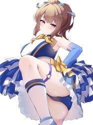 Rule 34 | 1girl, absurdres, ass, bare shoulders, blue ribbon, blush, bow, breasts, brown eyes, brown hair, canian, cheerleader, closed mouth, elbow gloves, frills, gloves, hair ornament, hair ribbon, hairclip, highres, looking at viewer, ongeki, panties, ponytail, ribbon, saotome ayaka, skirt, sleeveless, solo, standing, striped background, thigh strap, underwear, white background, yellow bow, yellow ribbon