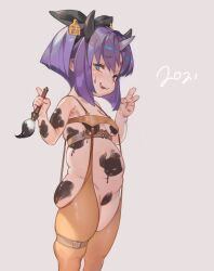1girl 2021 blue_eyes breasts calligraphy_brush chinese_zodiac eiko_carol eyelashes fang feet_out_of_frame final_fantasy final_fantasy_ix holding holding_calligraphy_brush holding_paintbrush horns loli looking_at_viewer open_mouth paintbrush plump purple_hair short_hair simple_background single_horn small_breasts so-taro suspenders sweatdrop thigh_strap v year_of_the_ox