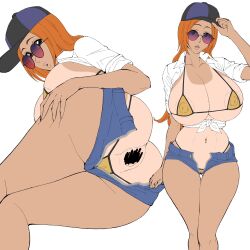 Rule 34 | 1girl, anus, baseball cap, bleach, blouse, breasts, censored, female focus, hat, highres, inoue orihime, iwao178, jeans shorts, large breasts, long hair, looking at viewer, lying, on side, orange hair, shirt, simple background, spread anus, sunglasses, tan, tanline, thick thighs, thighs, unfinished, white background