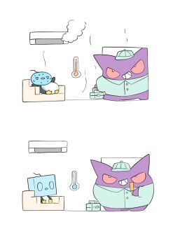 Rule 34 | air conditioner, animal focus, bird, chair, clothed pokemon, eiscue, eiscue (ice), eiscue (noice), food, full body, gen 1 pokemon, gen 8 pokemon, gengar, hat, holding, holding food, holding popsicle, hot, ice, igwjgsarifbfo9u, nintendo, no humans, open mouth, penguin, pokemon, pokemon (creature), pokemon focus, popsicle, shirt, sitting, smile, teeth, toolbox