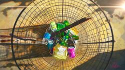 Rule 34 | absurdres, artist name, bag, banishment, can, commentary request, drink can, from above, highres, no humans, original, outdoors, plastic bag, plastic bottle, scenery, shadow, signature, soda can, still life, sunlight, trash, trash can