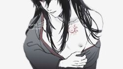 Rule 34 | 1010923, 1boy, alternate hairstyle, bishounen, black hair, black hanfu, chest tattoo, chinese clothes, clothes grab, collarbone, grey background, hair between eyes, hair down, hanfu, head out of frame, long hair, looking to the side, male focus, modao zushi, monochrome, nipples, off shoulder, open clothes, open robe, parted lips, partially undressed, pectorals, red eyes, robe, robe partially removed, sidelocks, simple background, single bare shoulder, smile, solo, spot color, tattoo, twitter username, undressing, upper body, watermark, wei wuxian, wei wuxian (yiling laozu), white background