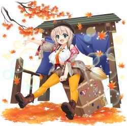 1girl arm_up autumn_leaves bag bare_shoulders belt blush bob_cut boots breasts brown_boots brown_hat brown_ribbon fang full_body green_eyes grey_hair hat jacket large_breasts leaf long_sleeves maeda_matazaemon_wanko_toshie mtu_(orewamuzituda) necktie open_clothes open_jacket open_mouth orange_necktie outstretched_arm ribbon sengoku_koihime short_hair simple_background sitting skirt smile solo tareme transparent_background