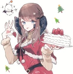 1girl :p artist_name au_ra blue_eyes brown_hair cake dragon_girl dragon_horns final_fantasy final_fantasy_xiv flower food fruit fur_trim hair_flower hair_ornament holding holding_cake holding_food horns looking_at_viewer mantle moogle namikaze_so santa_costume scales strawberry sweater tongue tongue_out warrior_of_light_(ff14)