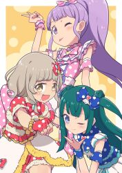 Rule 34 | 3girls, :d, ;p, bad id, bad twitter id, blue bow, blue eyes, blunt bangs, blunt ends, border, bow, brown hair, cbgb, dress, fingerless gloves, fur-trimmed dress, fur trim, gloves, green hair, hand up, highres, idol clothes, image sample, kishimen hair, long hair, looking at viewer, manaka non, multiple girls, one eye closed, open mouth, outside border, pink bow, polka dot, polka dot dress, pretty series, pripara, purple eyes, purple hair, red bow, red gloves, rock paper scissors, short hair, side ponytail, smile, taiyo pepper, tongue, tongue out, tsukikawa chili, twitter sample, two side up, v, white border, yellow background