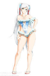 Rule 34 | 1girl, absurdres, blue eyes, blue flower, blue one-piece swimsuit, breasts, closed mouth, collarbone, covered navel, flower, frills, full body, hair flower, hair ornament, hair ribbon, hand on own hip, highres, jewelry, kimmy77, long hair, looking at viewer, one-piece swimsuit, pendant, ribbon, rwby, sandals, scar, scar across eye, scar on face, simple background, small breasts, smile, solo, standing, swimsuit, thighs, twintails, very long hair, weiss schnee, white background, wide hips