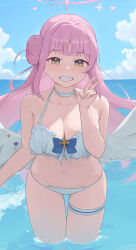 1girl absurdres angel_wings bare_arms bare_legs bare_shoulders bikini blue_archive blush breasts choker cleavage commentary cowboy_shot day feathered_wings grin hair_bun halo highres large_breasts long_hair looking_at_viewer mika_(blue_archive) ocean outdoors pink_hair pink_halo revision ruha_(ruha12haru) single_side_bun smile solo swimsuit v wading water white_bikini white_choker white_wings wings yellow_eyes