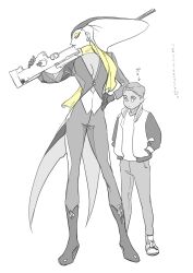 1boy 1girl absurdres ai_arctic_warfare bakushi_(smys2017) bolt_action boots coat coattails commentary_request gen_8_pokemon gun hands_in_pockets highres holding holding_gun holding_weapon humanization inteleon jacket nintendo over_shoulder pokemon pokemon_swsh rifle scarf short_hair simple_background sniper_rifle spot_color standing translation_request weapon weapon_over_shoulder white_background yellow_scarf