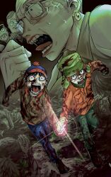 Rule 34 | 5boys, beanie, big gay al, black hair, blood, blood on clothes, blood on face, blue headwear, blue pants, brown jacket, clenched hand, corpse, dlcu3w, earrings, facial hair, full body, gloves, green gloves, green headwear, green pants, hand up, hat, herbert garrison, highres, jacket, jewelry, kyle broflovski, long sleeves, male focus, mr. slave, multiple boys, mustache, open mouth, orange hair, orange jacket, pants, running, short hair, south park, stan marsh, teeth, v-shaped eyebrows, veins