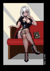 Rule 34 | 1girl, 2b (nier:automata), alternate costume, anklet, black collar, black skirt, blue eyes, book, collar, commentary, cross, cross necklace, crossed legs, detached sleeves, fishnet thighhighs, fishnets, full body, high heels, highres, jewelry, leotard, medium hair, miniskirt, necklace, nier:automata, nier (series), noelelepen, pew, pleated skirt, puffy short sleeves, puffy sleeves, red nails, short sleeves, signature, skirt, solo, strapless, strapless leotard, thighhighs, white hair