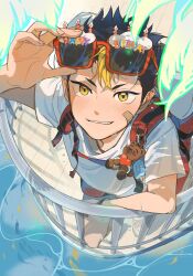 1boy backpack bag bandaid bandaid_on_face black_hair blonde_hair commentary_request eyewear_on_head from_above glasses haikyuu!! happy_birthday highres looking_at_viewer male_focus multicolored_hair nishinoya_yuu red-framed_eyewear rtjiao shirt short_hair solo streaked_hair teeth two-tone_hair white_shirt yellow_eyes