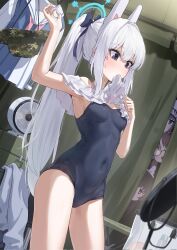 animal_ear_hairband animal_ears bare_shoulders blue_archive blue_halo blue_one-piece_swimsuit covered_navel fake_animal_ears grey_eyes grey_hair hairband halo helmet highres kokukyukeo long_hair looking_at_mirror looking_at_viewer mirror miyako_(blue_archive) miyako_(swimsuit)_(blue_archive) miyu_(blue_archive) moe_(blue_archive) official_alternate_costume official_alternate_hairstyle one-piece_swimsuit ponytail rabbit_ear_hairband rabbit_ears rabbit_platoon_(blue_archive) red_eyes saki_(blue_archive) school_uniform swimsuit thighs white_helmet
