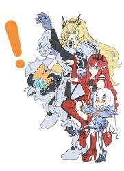 ! 3girls armor baobhan_sith_(fate) baobhan_sith_(first_ascension)_(fate) barghest_(fate) barghest_(first_ascension)_(fate) blonde_hair blue_eyes boots detached_sleeves dress earrings faerie_knights_(fate) fate/grand_order fate_(series) frilled_dress frills full_body grey_eyes hair_ornament hands_up height_difference heterochromia high_heel_boots high_heels highres jewelry knee_up leg_up looking_at_viewer melusine_(fate) melusine_(first_ascension)_(fate) multiple_girls open_mouth orange_eyes pink_hair platform_heels pointy_ears red_dress sidelocks thigh_boots white_background white_hair yifan-zeng yotsubato!_pose